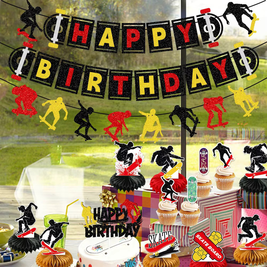 Sport Skateboard Geburtstag Banner und Kuchen Topper Set für Kinder, Mehrfarbiges Waben-Ornament aus Papier zur Partydekoration - Bild 3