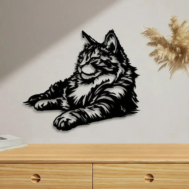 CIFBUY Maine Coon Metall-Wandkunst in Schwarz als moderne Aluminium-Katzenskulptur zur Heimdekoration - Bild 1