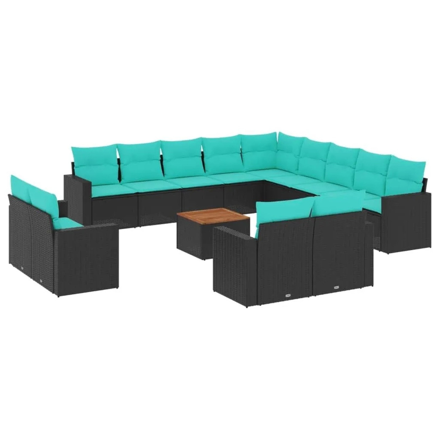 vidaXL 14-tlg. Garten-Sofagarnitur aus Poly-Rattan und Akazienholz in Schwarz mit Kissen - Bild 2