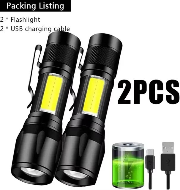 Heinast Mini LED Camping Taschenlampe mit COB und XPE, USB aufladbar, schwarz, tragbare taktische Laterne mit Zoom und Stift-Clip - Bild 1