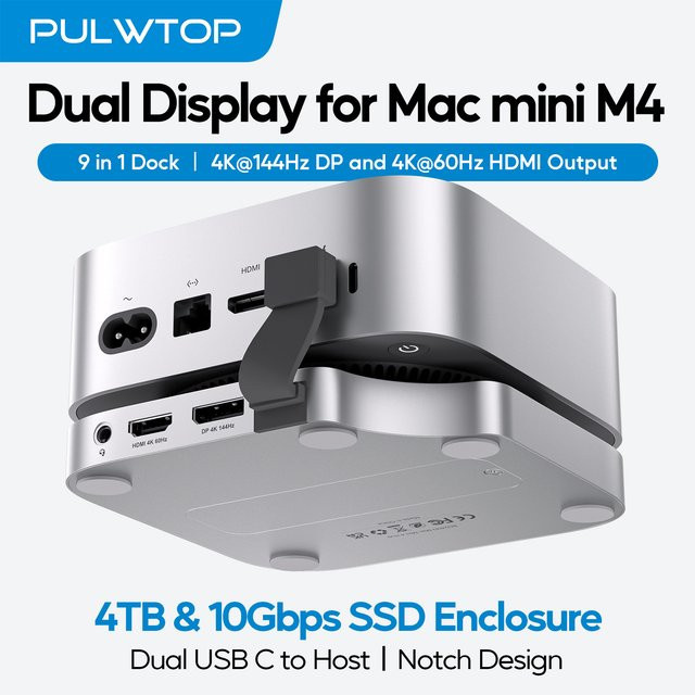 PULWTOP Mac Mini M4 Dock-Ständer in Silber mit DisplayPort 4K 144 Hz, HDMI 4K60 und NVMe SSD-Gehäuse für Mac Mini M4 Pro - Bild 1