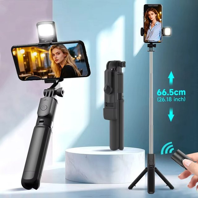 KAFNHCKA Selfie Stick Stativ mit Bluetooth Fernbedienung und LED Ringlicht für Live-Streaming in Schwarz oder Weiß - Bild 1