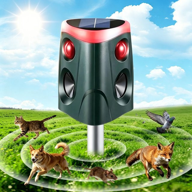 SAIJZEK Ultraschall-Tierabwehrgerät mit Sprachfunktion, solarbetrieben und wasserdicht für Garten und Landwirtschaft - Bild 1