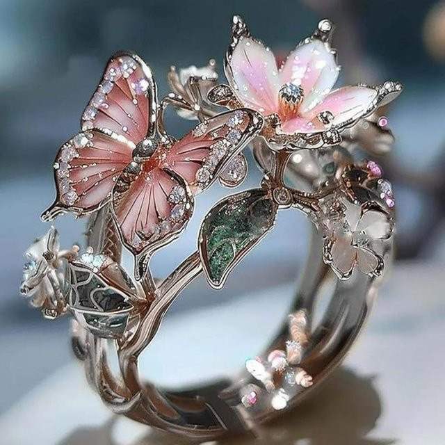 Blumen-Schmetterlingsring, Silber, Zirkonia, Damen - Bild 1