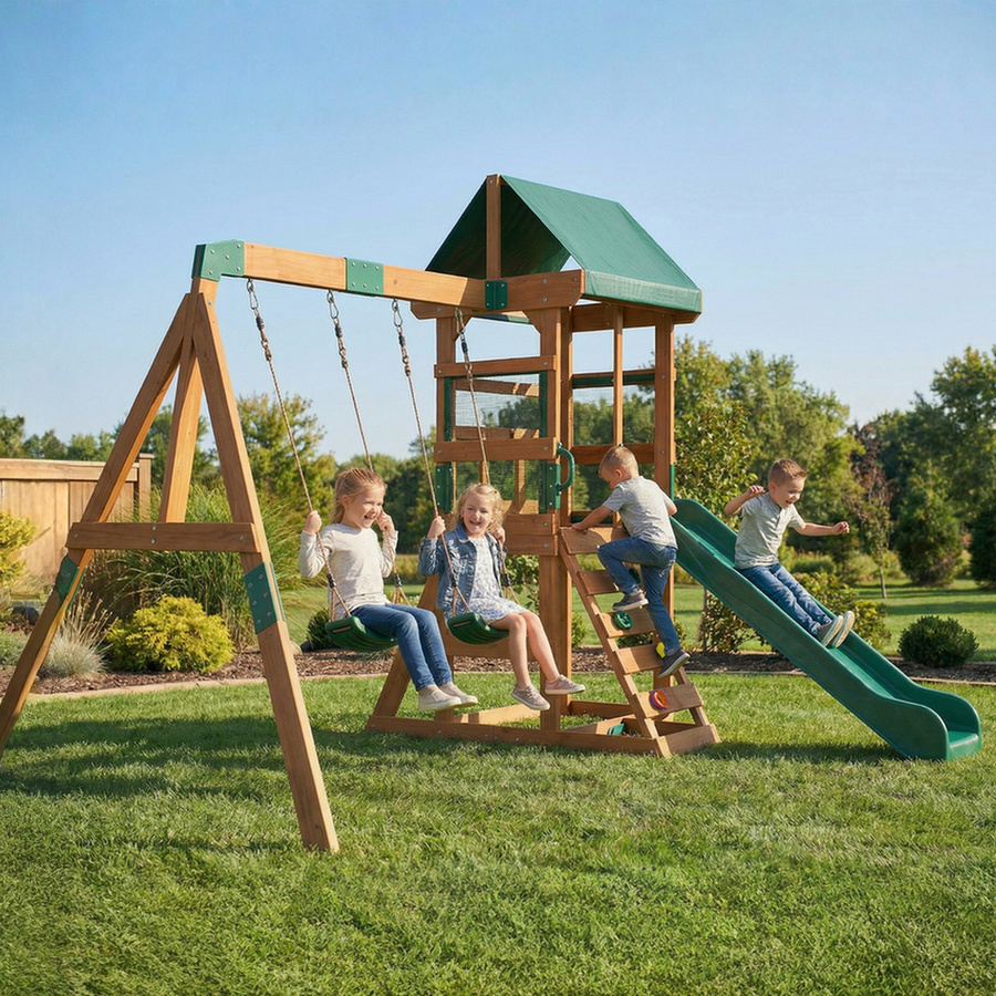 AIYAPLAY Spielturm Klettergerüst Schaukelgestell mit Rutsche Outdoor Kinder Kletterturm aus Holz für 3 Jahre - Bild 2