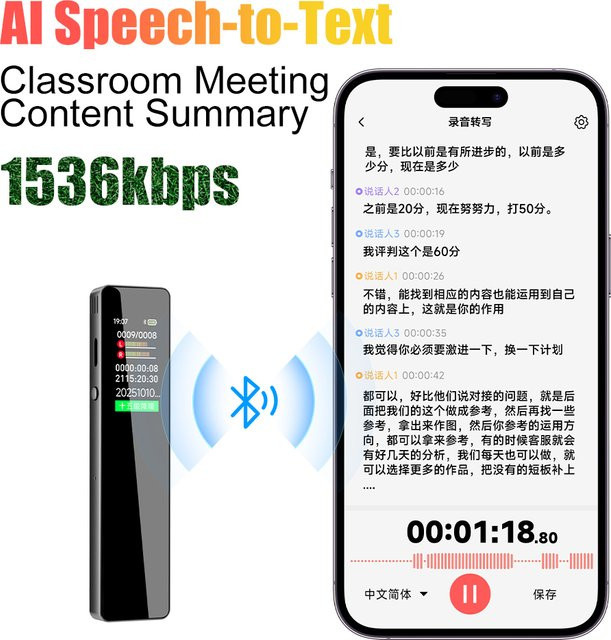DOWAY KI-Digitales Diktiergerät mit ChatGPT Sprach-zu-Text-Konvertierung und 64G Speicher in Schwarz - Bild 1