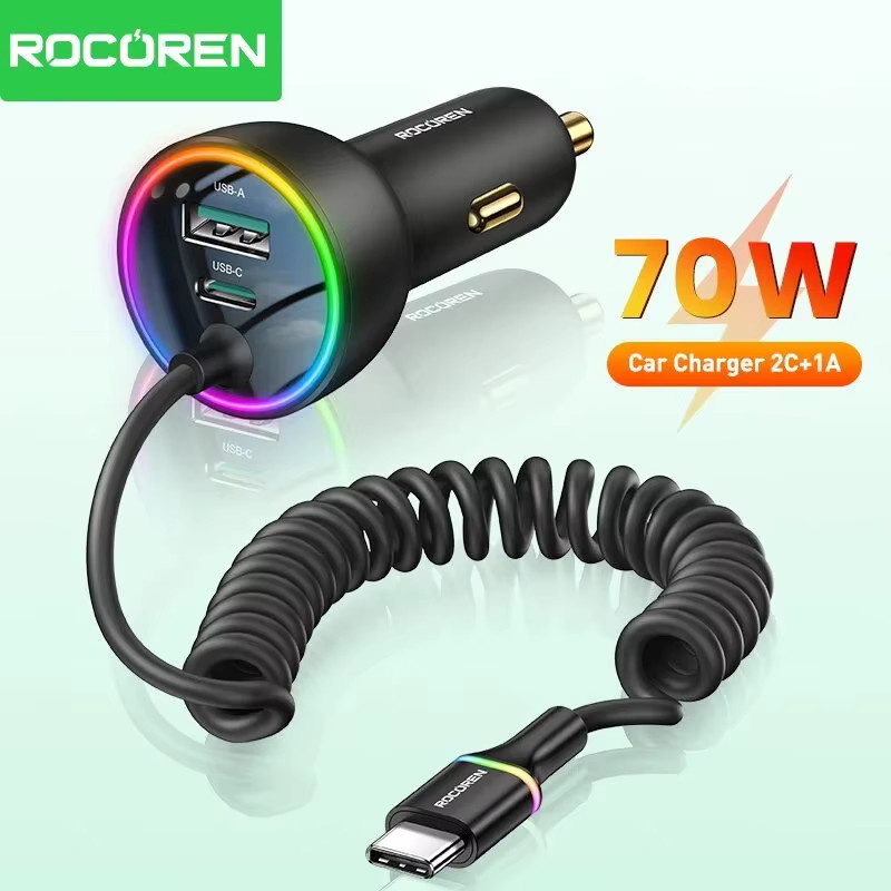 Rocoren 70W Auto-Ladegerät USB Typ C mit Spiralkabel, Schnelle Ladestation Typ-C Schnelladapter in Schwarz - Bild 2