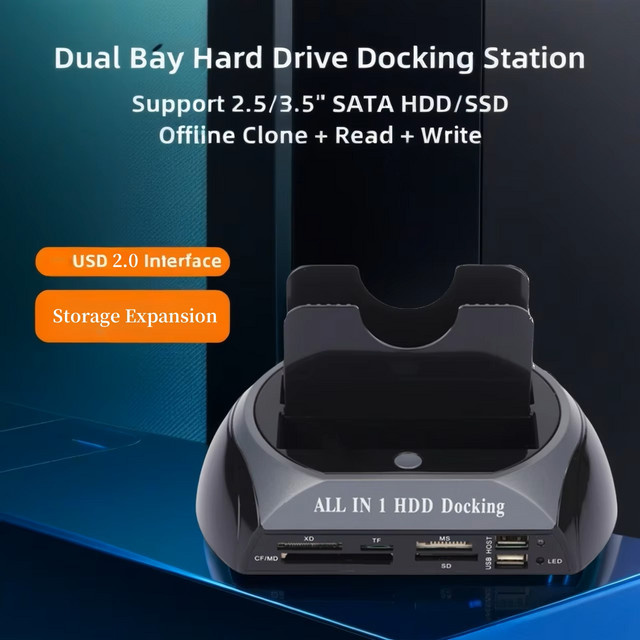 All-in-One USB 2.0 zu IDE SATA Festplatten-Dockingstation mit Doppelhalterung für 2,5-Zoll und 3,5-Zoll sowie Kartenleser in Schwarz - Bild 1