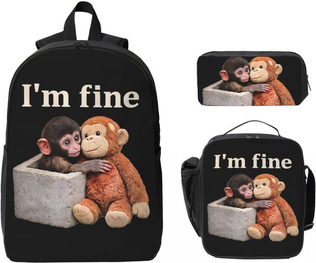 Punch Monkey Kinderrucksack Set mit Brotdose und Federmäppchen in Schwarz für Jungen und Mädchen - Bild 1