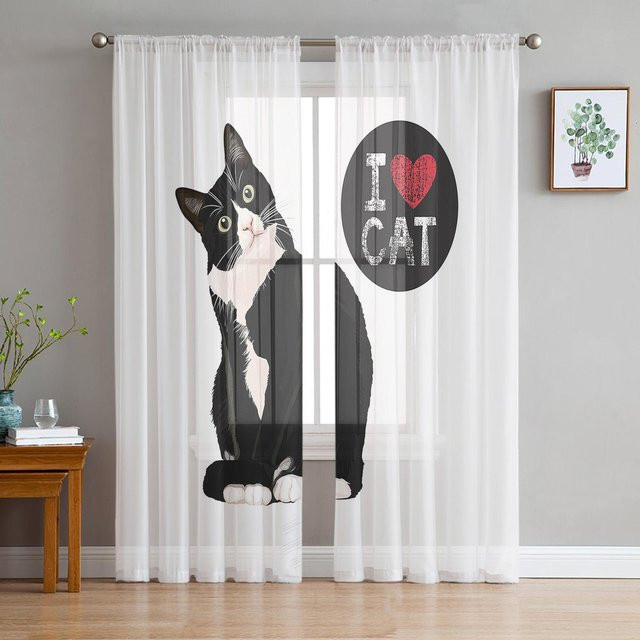 Transparentes Voile-Fenstervorhang mit Cartoon-Katzen-Motiv von A Family Of Home Textiles, Weiß, Breite: 135 cm, Höhe: 114 cm - Bild 1