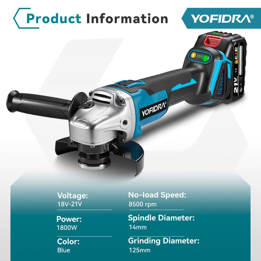 YOFIDRA Bürstenloser elektrischer Winkelschleifer Blau, 125 mm, kompatibel mit Makita LXT Akku, zum Schleifen, Polieren und Schneiden von Metall und Holz - Bild 2