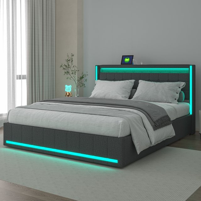Anajqaqia Modernes Gepolstertes Doppelbett mit 4 Rollschubladen aus Leinenstoff in Grau, B/T: 160 x 200 cm - Bild 1