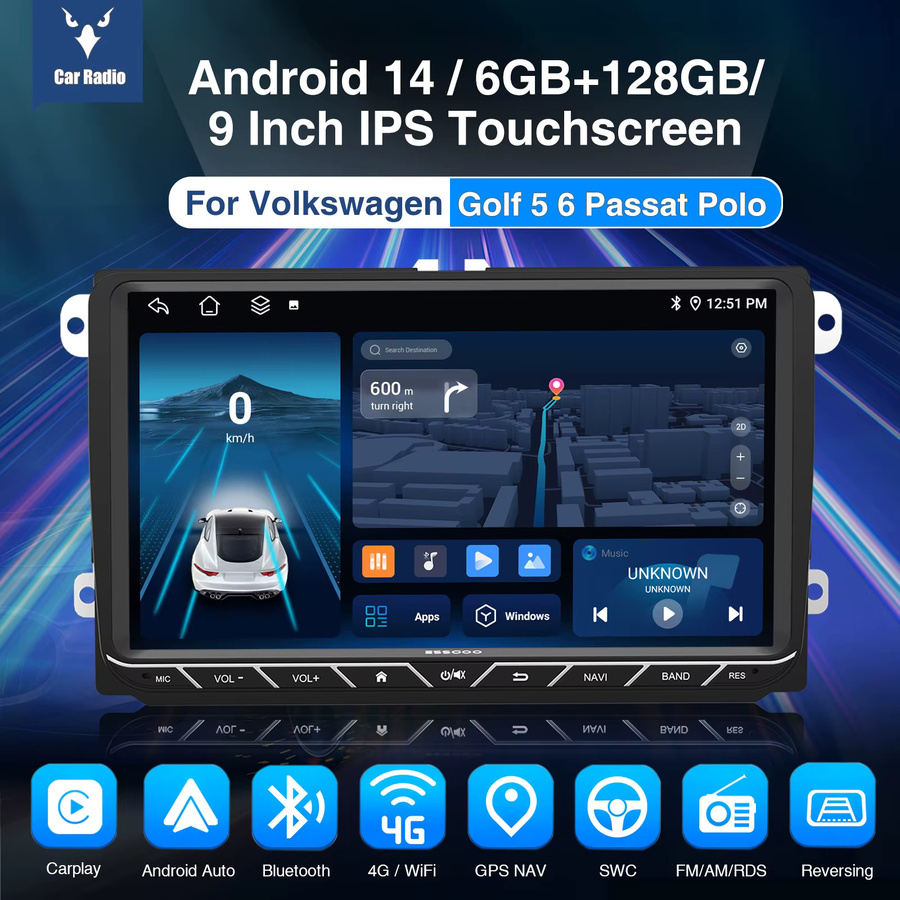 ESSGOO 9 Zoll Android 14 Autoradio mit 6+128GB Speicher, 8-Kern Prozessor, CarPlay, Bluetooth, GPS, WiFi und 4G LTE für VW Golf 5 6, Passat B6 B7, Polo 6R, Touran, Tiguan, Caddy, EOS, Jetta, T5, Seat und Skoda in Schwarz - Bild 2
