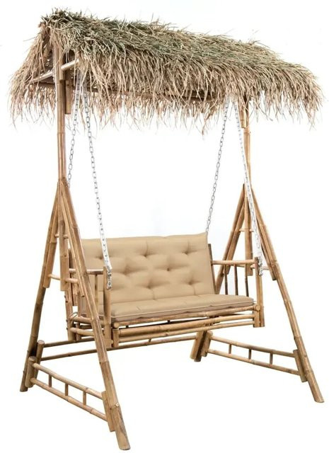 vidaXL Hollywoodschaukel aus Bambus mit Palmblättern, Kissen und Sonnendach in Beige - Bild 1