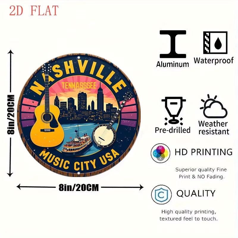 Potdemiel Nashville Tennessee Music City USA Metall-Wanddekoration Rundschild mit Skyline, Gitarre und Banjo in Multicolor - Bild 2