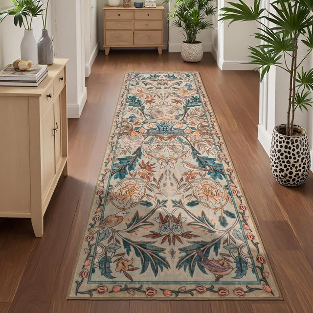 Lodestar Boho Botanischer Läuferteppich mit Dschungel- und Vogelmuster, Vintage Floral, Rutschfest, Mehrfarbig, B: 50 cm, L: 150 cm - Bild 1