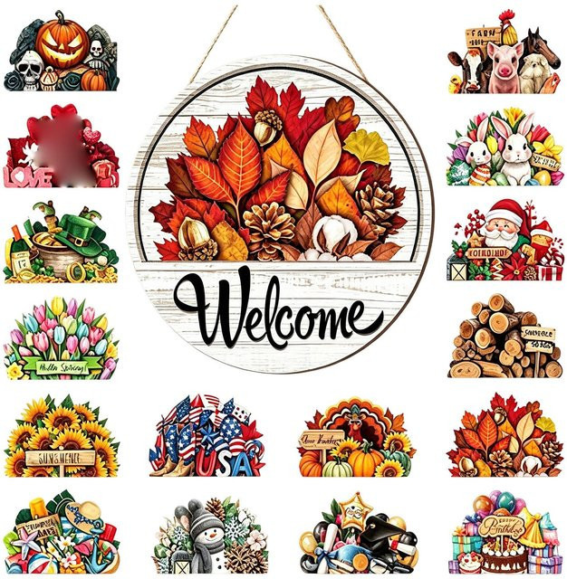 HongA Austauschbares Willkommens-Türschild aus Holz in Mehrfarben mit floralem Herbstdesign und Blättern, Rund - Bild 1