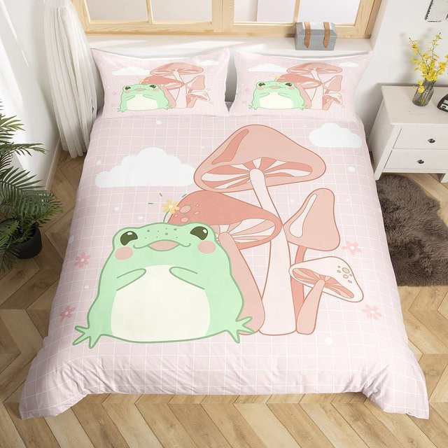 Binchi Bettbezug Set mit Kissenbezug Frosch Muster Kawaii Cartoon Rosa Polyester für Kinder B/H: 135 x 200 cm - Bild 1