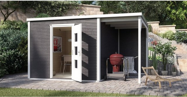 WEKA Holz-Gartenhaus wekaLine 413 A mit Vordach und Flachdach in Anthrazit, B/T/H: 450 x 300 x 244 cm - Bild 1
