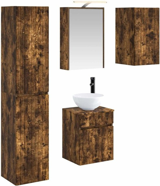 vidaXL Badezimmerschrank-Set 5-teilig aus geräuchertem Eichenholz in Braun mit LED-Beleuchtung und Spiegelschrank, B/T/H: 43 x 16 x 62,5 cm - Bild 1