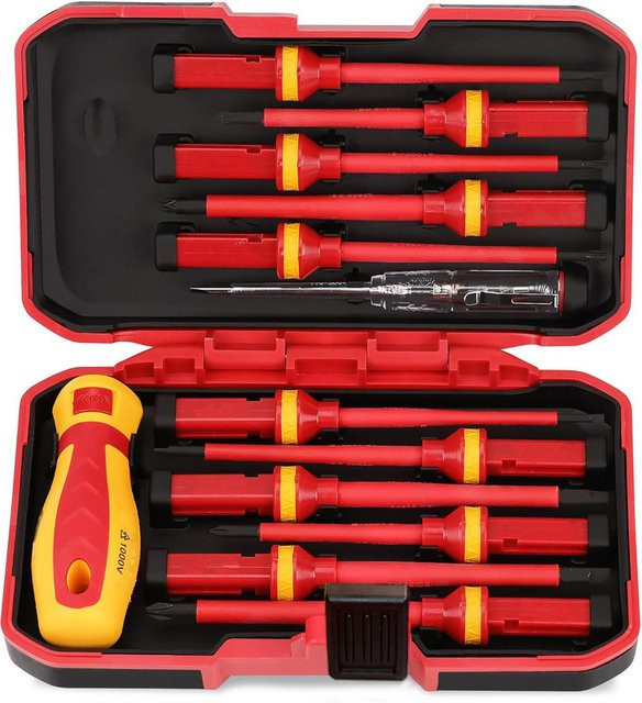 LUCHSHIY Elektriker-Reparatur-Werkzeug-Set, 13-teilig, 1000 V, isoliertes Schraubendreher-Set mit magnetischen Schlitz-Bits, Rot - Bild 1