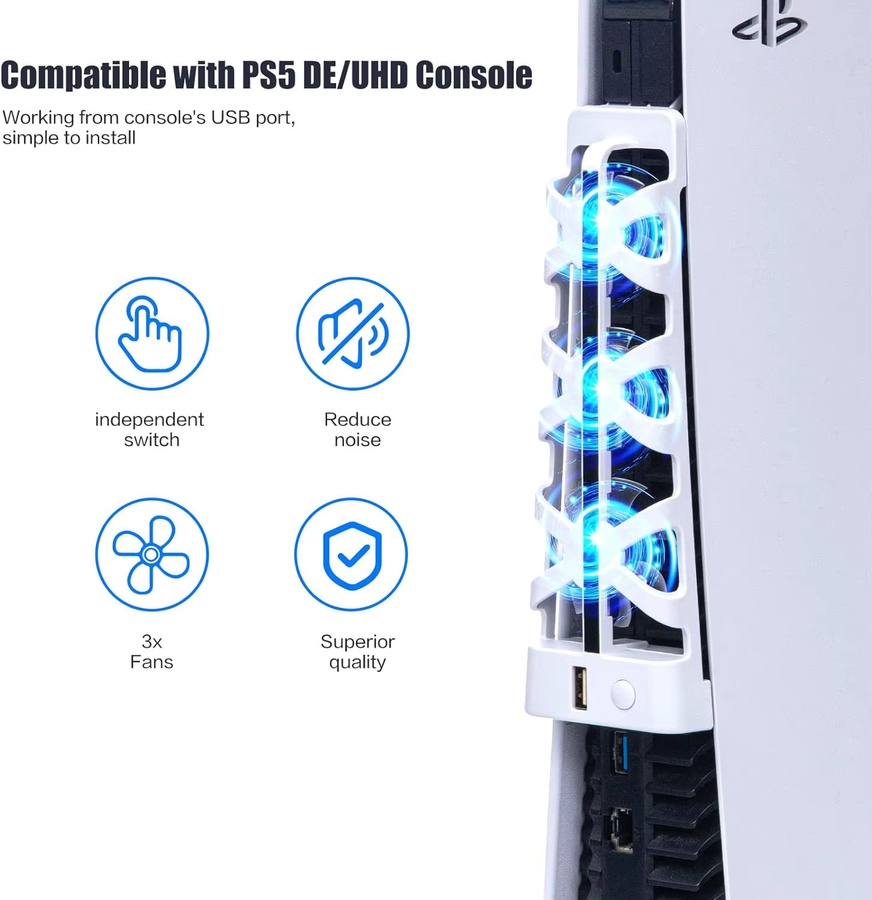 VGBUS PS5 Lüfter mit RGB-Beleuchtung und USB 3.0 Anschluss für PlayStation 5 Disc und Digital Edition in Schwarz und Weiß - Bild 4