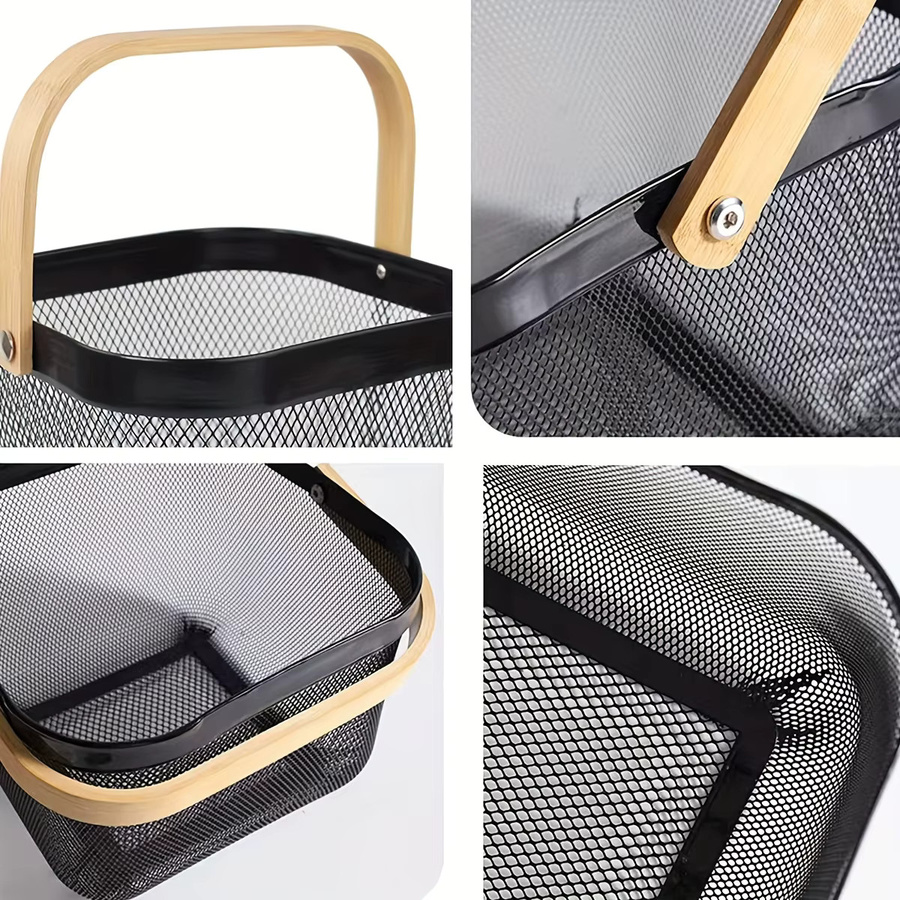 2er-Pack quadratischer Obstkorb aus Metallgeflecht von Leeseph mit Holzgriff in Schwarz und Lila - Bild 6