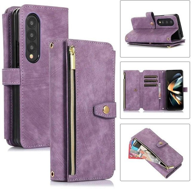 Lange Lanyard Ledertasche mit Reißverschluss und Kartenhülle für Samsung Galaxy Z Fold, Z Flip, S24, S23, S22 Ultra und Xiaomi 11T Pro in Violett - Bild 1