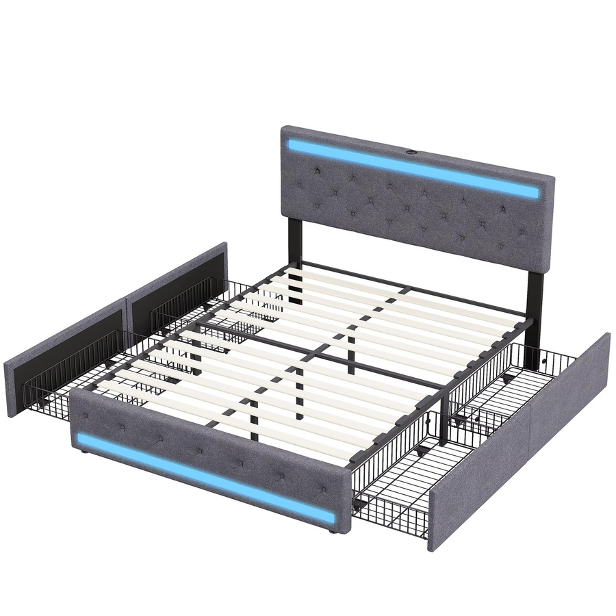 Gepolstertes Doppelbettgestell HYNHXBP in Dunkelgrau mit Leinenstoff, LED-Beleuchtung, USB-Ladefunktion und 4 Aufbewahrungsschubladen, Maße: 140 x 200 cm - Bild 7