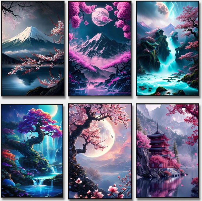 Diamantmalerei Landschaft mit japanischer Kirschblüte und Mount Fuji von FANQING, Mehrfarbiges Mosaik-Strass-Set für Wanddekoration - Bild 1