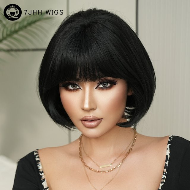 7JHH WIGS Bob-Perücke für Damen, schwarz, synthetisch, mit Pony - Bild 1