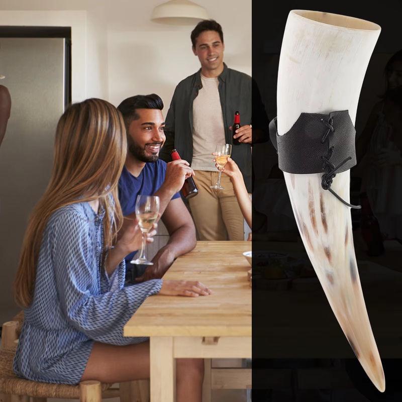 Handgefertigtes Wikinger Trinkhorn-Set aus Horn und Leder in Braun und Mehrfarbig, rustikale Trinkgefäße für Kaffee und Deko - Bild 2