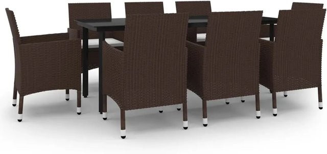 vidaXL 9-teilige Garten-Essgruppe aus Poly Rattan und Glas in Braun mit Auflagen - Bild 1
