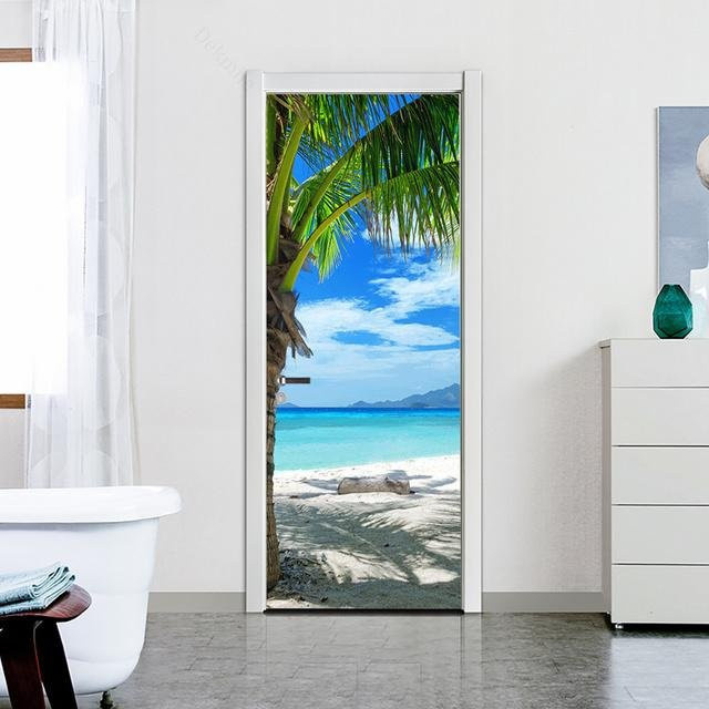 Green Forest Bridge Selbstklebende 3D Türtapete mit Strand und Sonnenlandschaft in Blau, Grün und Multicolour, PVC Wandaufkleber - Bild 1