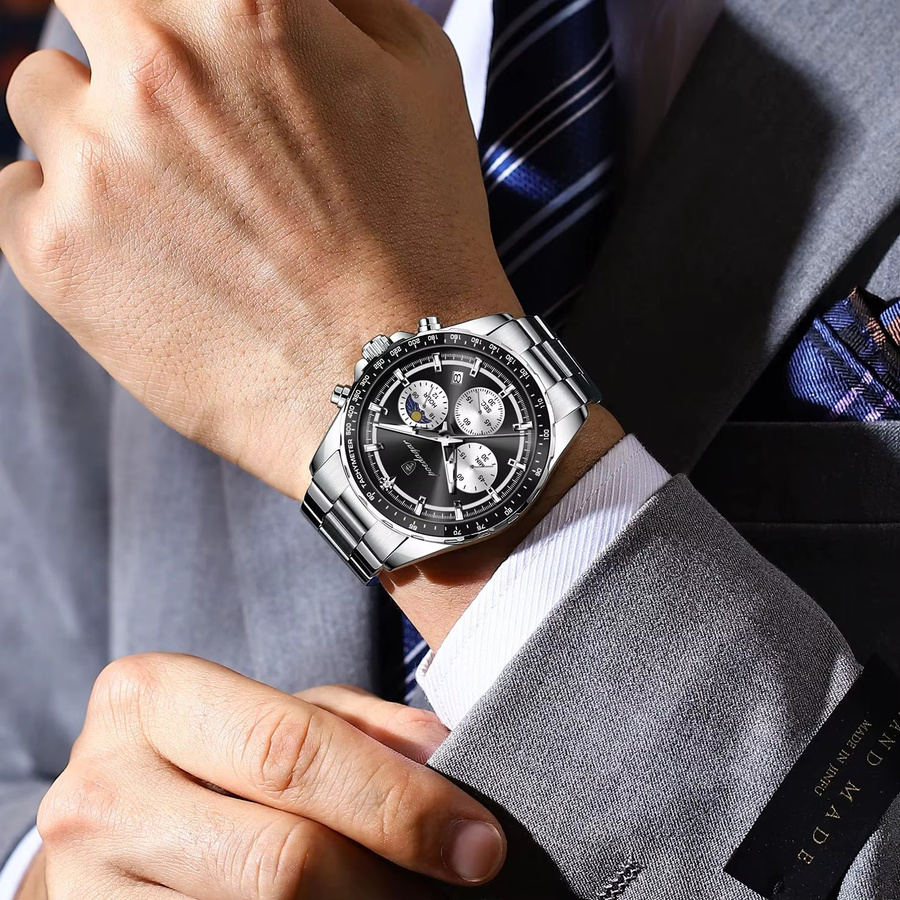 POEDAGAR Armbanduhr Chronograph, Quarz, Edelstahl, Schwarz, Herren - Bild 6