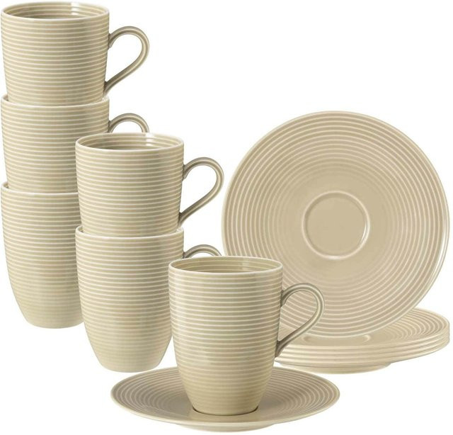 Seltmann Weiden Henkelbecher mit Untertassen Beat Color Glaze Beige Gestreift 350 ml 6er Set - Bild 1