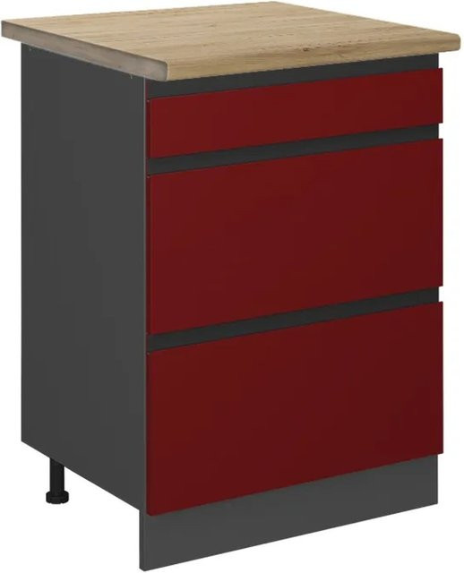 Vicco Küchenunterschrank R-Line in Rot/Anthrazit mit Eiche-Optik und Schubladen, Breite: 60 cm, Höhe: 81,6 cm, Tiefe: 60 cm - Bild 1