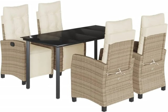 vidaXL 5-teilige Garten-Essgruppe aus Poly Rattan mit Kissen in Beige und Tisch mit gehärtetem Glas - Bild 1