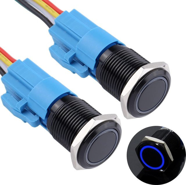 AOKIN 2er-Set Momentary Push Button Schalter mit Ring LED, 12V-24V, 1NO 1NC, Wasserdicht, Schwarz, Metallgehäuse - Bild 1