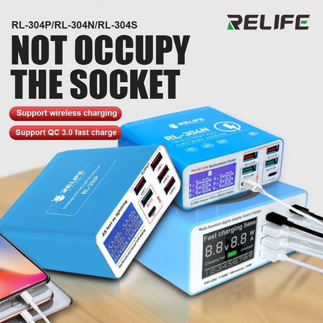 RELIFE Smart USB Digital Display Ladegerät mit 6 Ports und Lightning Anschluss in Blau - Bild 1