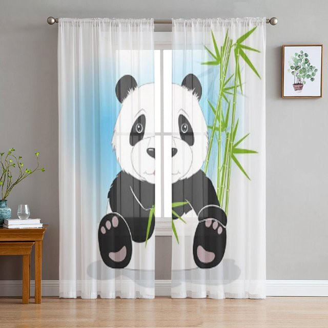 Panda Luxuriöser Chiffon Transparent Vorhang mit Bambusblatt-Design in Weiß, B: 135 cm, H: 114 cm - Bild 1
