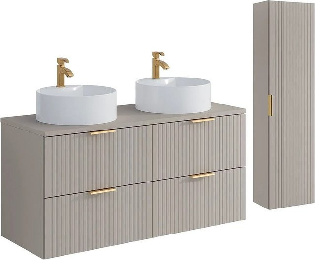Vente-unique Badmöbel-Set Zevara in Beige im Art-Déco-Stil mit Aufsatzwaschbecken und Hochschrank, Breite: 120 cm - Bild 1