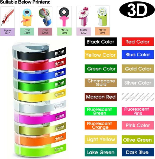 DYMO 3D Embossing Etikettenband 9mm Multicolor für kompatible Beschriftungsgeräte wie DYMO 1610, 12965, 1540 und Motex E101 - Bild 1