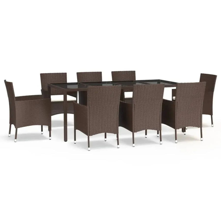 vidaXL 9-teilige Garten-Essgruppe aus Poly Rattan in Braun mit cremeweißen Kissen und Hartglas-Tischplatte - Bild 2
