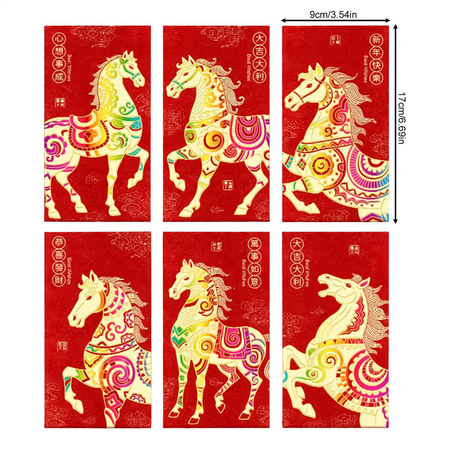 6er-Set Rote Umschläge zum Chinesischen Neujahr 2026 Jahr des Pferdes in Rot aus Papier - Bild 6