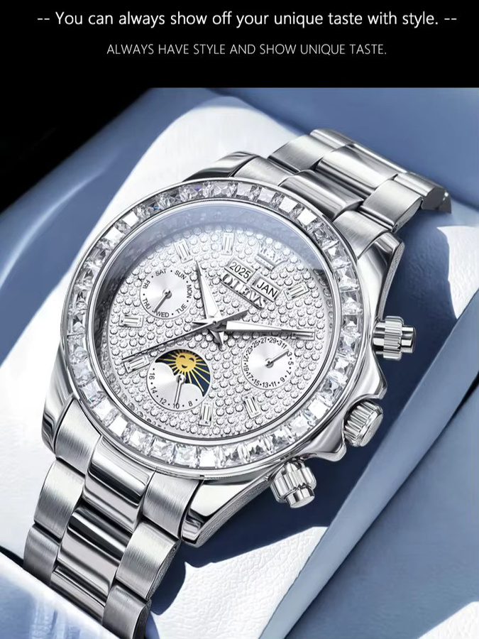 OLEVS Armbanduhr, Automatik, Gold, Edelstahl, Diamant, Mondphase, Herren - Bild 7