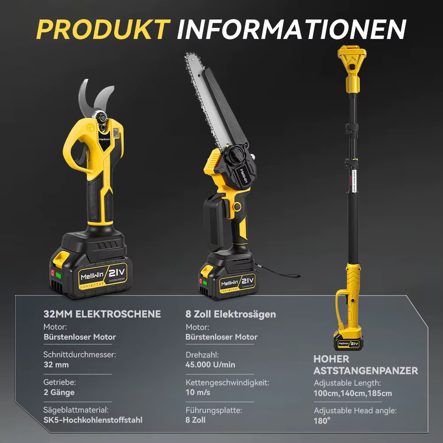 MELLWIN 4-in-1 Gartenpflegewerkzeug Set mit bürstenloser 8-Zoll-Kettensäge, 32-mm-Gartenschere und 185 cm Teleskopstange in Gelb für Makita 18V Akku - Bild 3