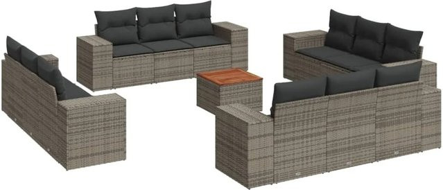 vidaXL 13-tlg Garten-Sofagarnitur aus Poly-Rattan und Akazienholz in Grau mit Kissen Modell 10 - Bild 1