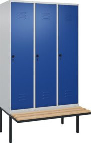 C+P Spind Classic PLUS Garderobenspind mit Sitzbank, 3 Abteile, B/T/H: 212 x 120 x 81,5 cm, Sicherheits-Drehriegel, 4 Garderobenhaken, mittige Trennwand, auskragende Sitzbank, Buche-Hartholz und Stahl - Bild 1
