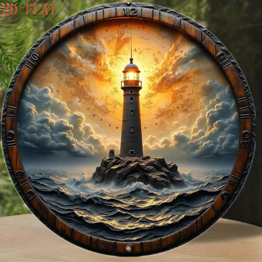 Rundes Aluminium-Wandschild von CIFBUY mit Leuchtturm-Motiv, Wellen und Wolken, Durchmesser: 20,32 cm - Bild 4